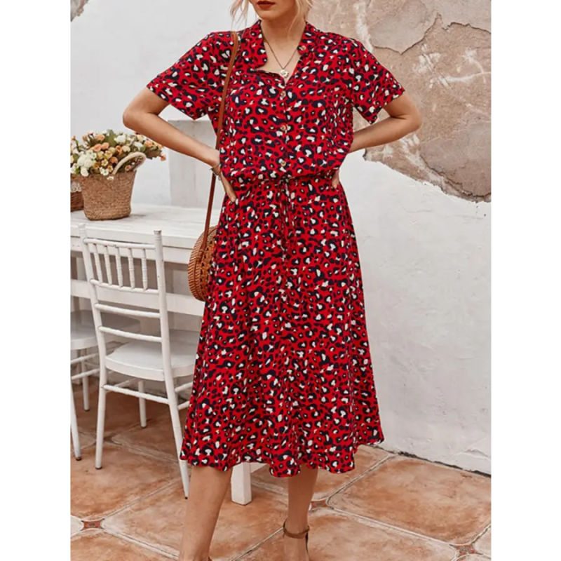 Robe Mi-Longue Bohème Motif Léopard Rouge